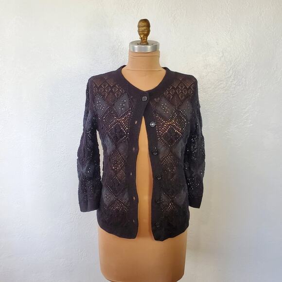 NWT Cynthia Steffe Open Knit Diamond Patchwork Cardigan Sweater Cotton Black XS - Picture 1 of 9